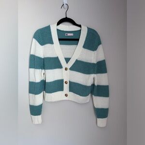 Teal and White Striped Cardigan